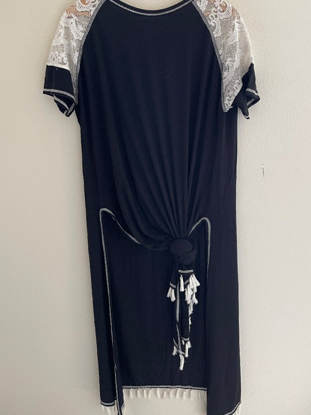 DOUBLE D RANCH Black Dress with Lace Sleeves & Tassel Tie Front: Large; NWOT!!